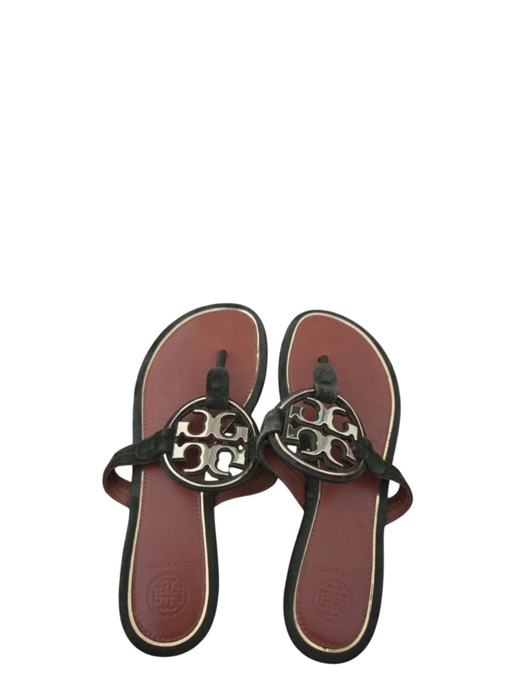 Tory Burch Black Strap Brown Footbed Logo Thong Sandals